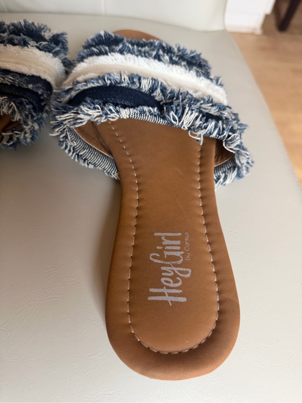 Hey Girl Denim & White Frayed Slide Mules